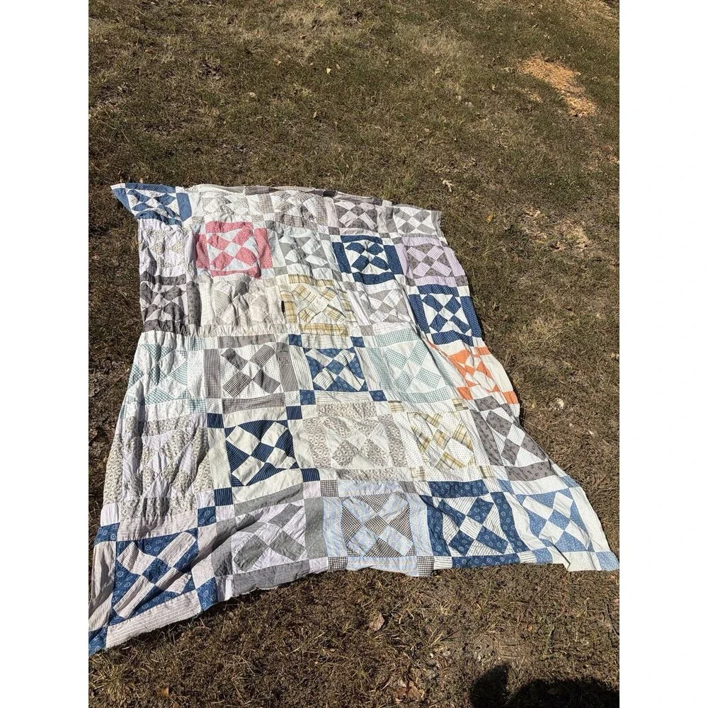 Early 1900’s Hand Stitched Quilt Top Only Shirt Fabric Feed Sack Cotton 74x 61